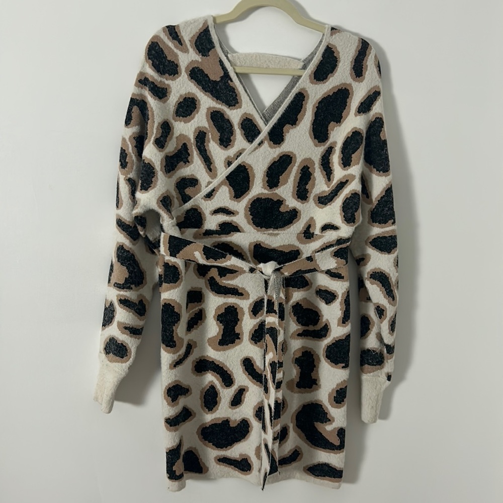 NWOT fuzzy cheetah print long sleeves tie belt mini sweater dress size XL